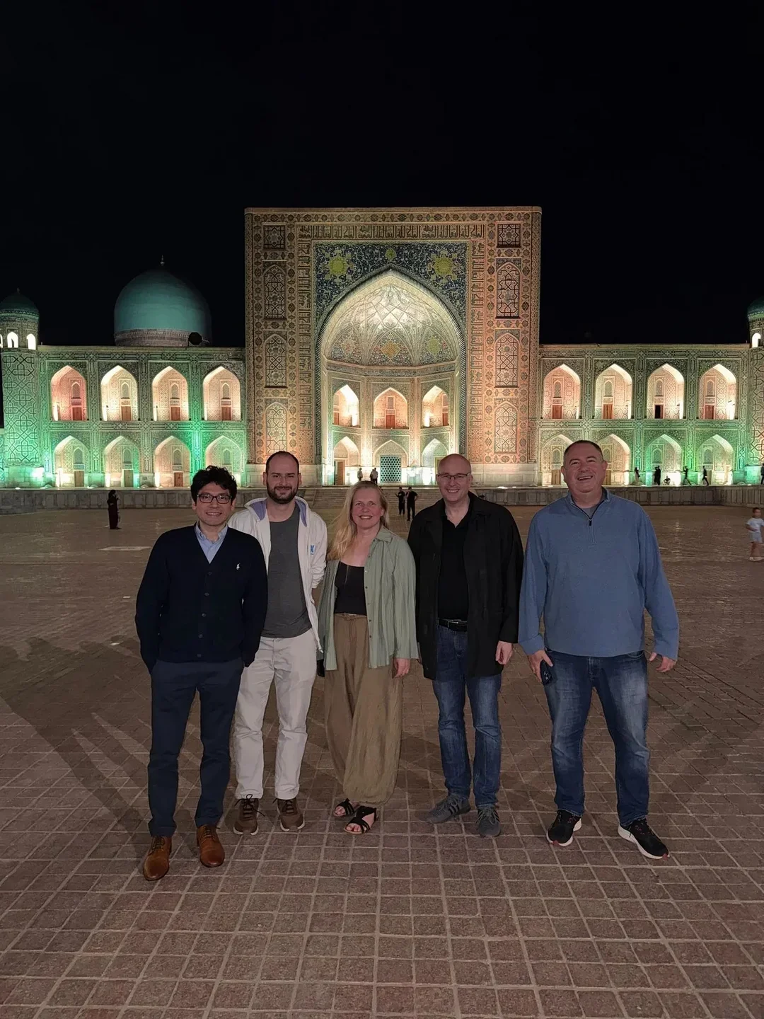 Registan Square. From left: Chavez, IA Luciano Rietter, Fair Play Officials Margit Brokko and Jürgen Klüners, and IA Alon Shulman. (Photo courtesy Carlos Chavez)