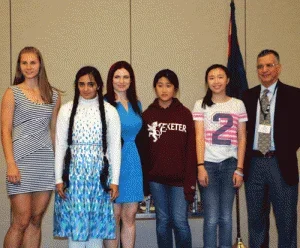 The 2015 National Girls Champs: Veronika Zilajeva, Anupama Rajendra, Jennifer Shahade, Evian Xiang, Jennifer Yu and Jon Haskel, Photo Jeff Smith