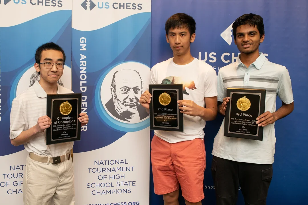 Denker Winners (L to R) IM Arthur Guo, GM Andrew Hong, FM Sandeep Sethuraman at the 2022 U.S. Open. Photo: Mark Cieslikowski