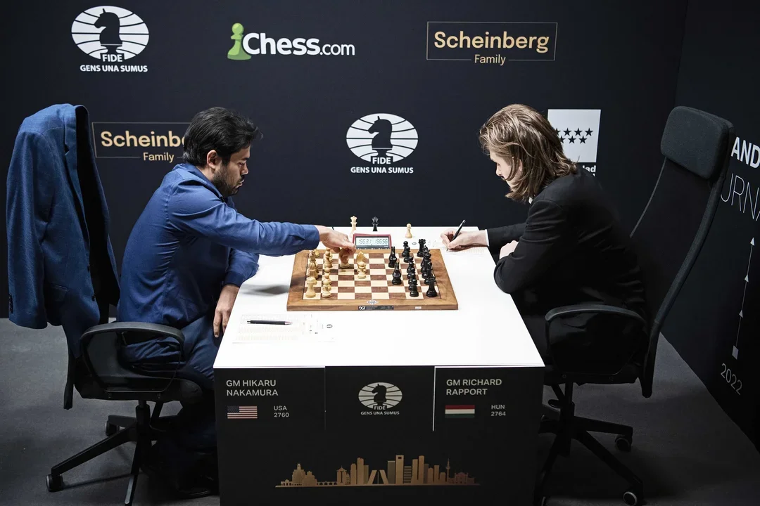 Nakamura and Rapport in Round 11 of the 2022 FIDE Candidates. Photo: Stev Bonhage/FIDE.