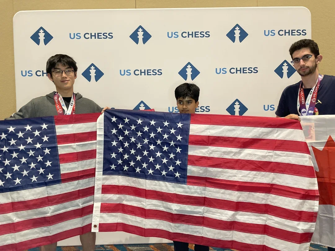 (From left) Terry Luo, Eshaan Hebbar, Max Rusonik (Photo courtesy US Chess)