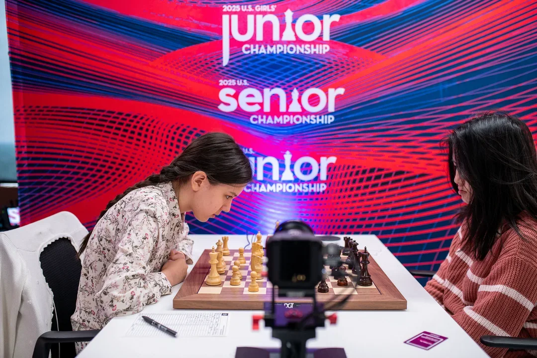Ruiyang Yan (R) won a sharp game over Rose Atwell after surprising opening choice (Photo courtesy of Crystal Fuller/SLCC)