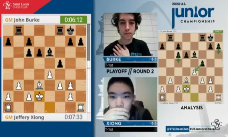 GMs John Burke and Jeffery Xiong in the 2020 U.S. Junior Championship playoff.