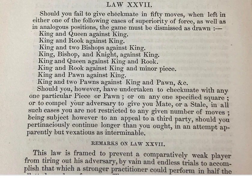 50-move draw rule, in The Chess Player by George Walker