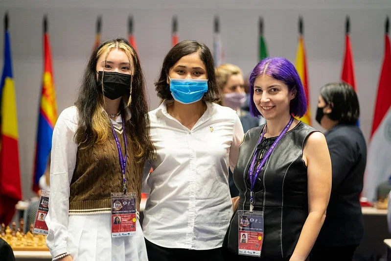 American WGMs Jennifer Yu, Gulrukhbegim Tokhirjonova, and Tatev Abrahamyan at the 2021 FIDE Women's World Cup