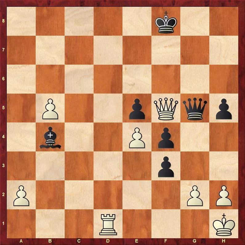 (White still hasn't recaptured on f3! Qf5+ is a blunder in time pressure.)