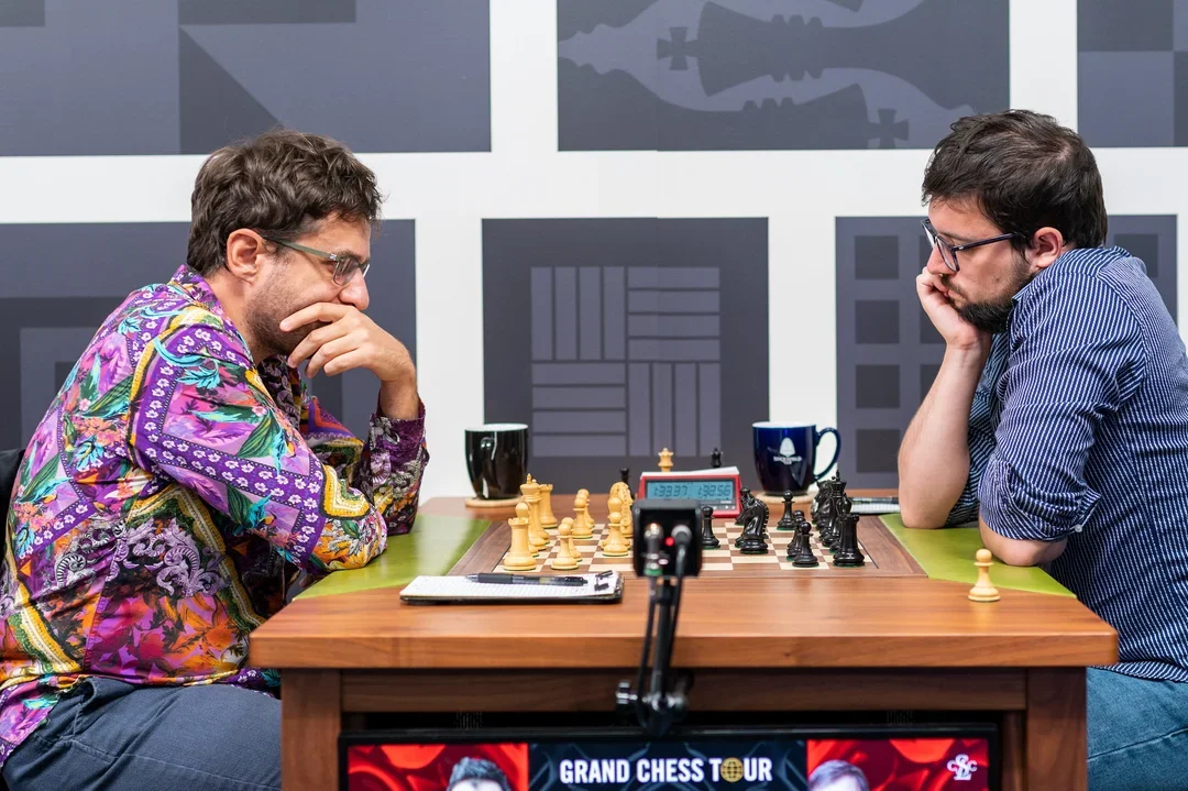 Levon Aronian (left) squares off against Maxime Vachier-Lagrave during Round 6 of the 2022 Sinquefield Cup. Photo: Crystal Fuller/SLCC