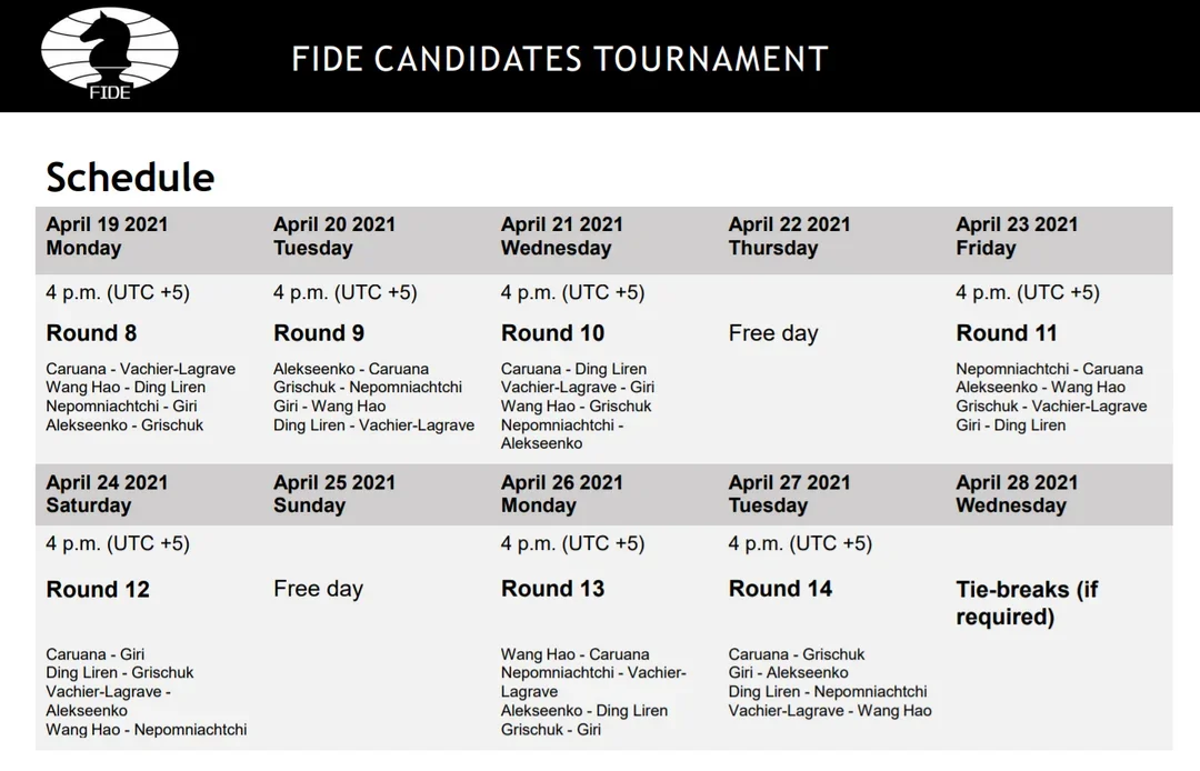 2020-21 FIDE Candidates Tournament Schedule