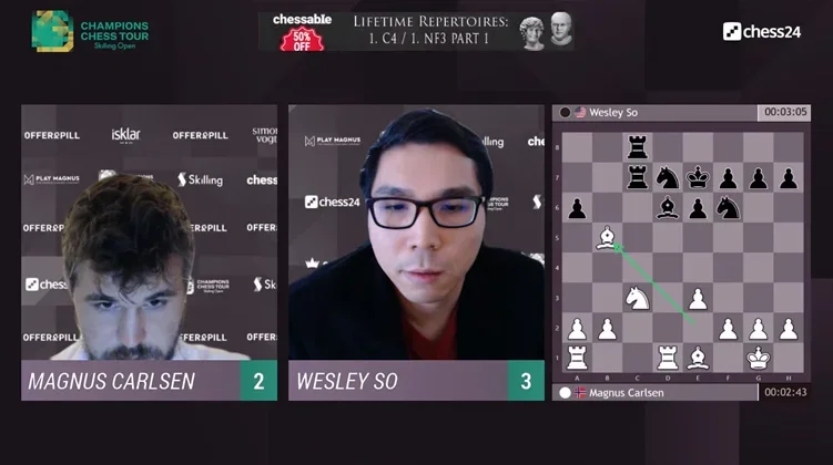 GMs Magnus Carlsen and Wesley So in the Skilling Open Finals