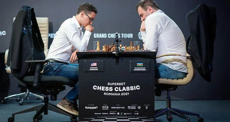 GMs Fabiano Caruana and GM Shakhriyar Mamedyarov at the 2021 Superbet Classic