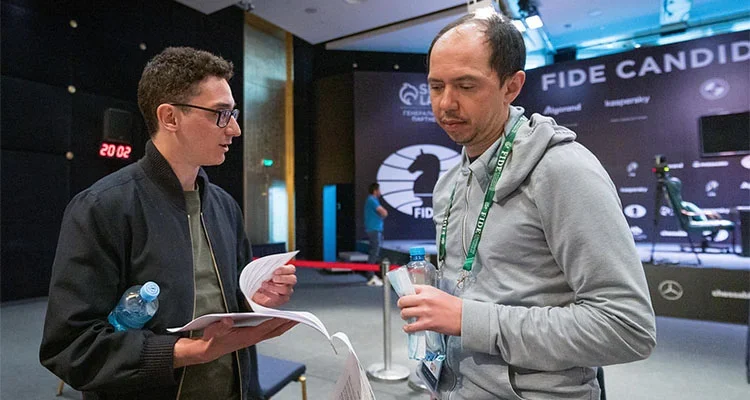 GM Fabiano Caruana and his second GM Rustam Kasimdzhanov at the 2020-21 FIDE Candidates Tournament