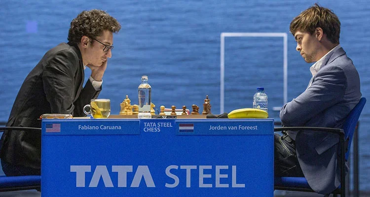 GMs Fabiano Caruana and Jorden van Foreest at the 2021 Tata Steel Masters