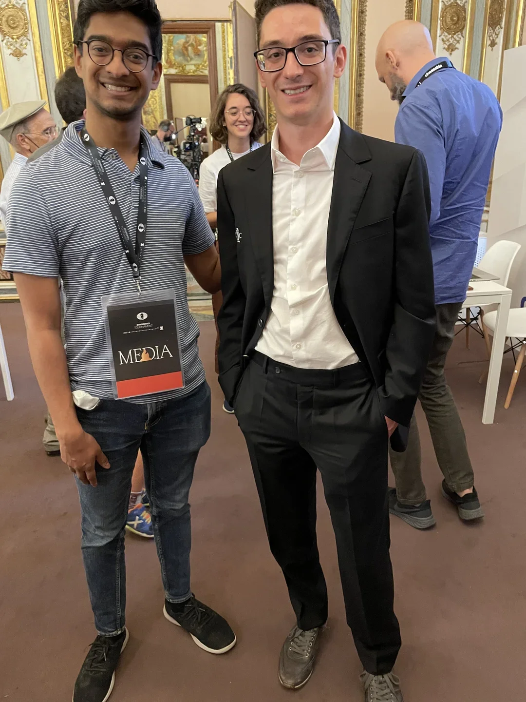 The author with Fabiano Caruana at the 2022 Candidates Tournament.