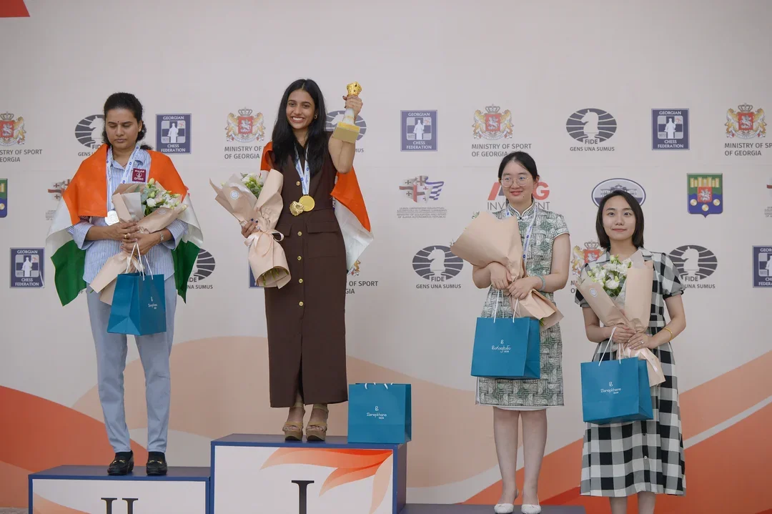 Of the final four, Humpy Koneru (L) and Tan Zhongyi (second from right) also qualified for the Candidates, leaving only Lei Tingjie (R) out (Photo courtesy of Andrei Anosov/FIDE)