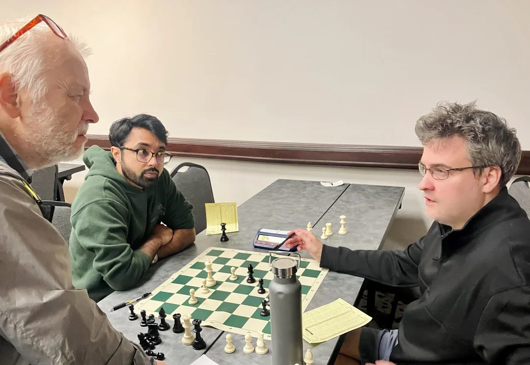 FM Adarsh Jayakumar[center] and IM Denys Shmelov[right] discuss with GM Ivanov their hard-fought final round draw--this result left Danila Polinnikov alone in 1st place