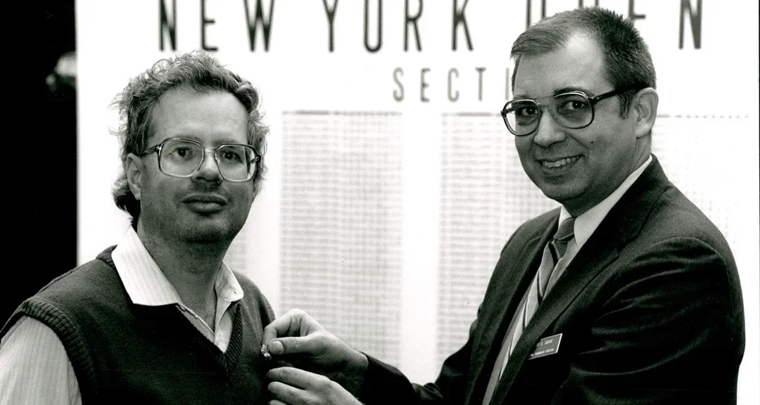 Bill Goichberg (L) and Harry Sabine (R) in an undated photo from the New York Open. From the US Chess Archives.