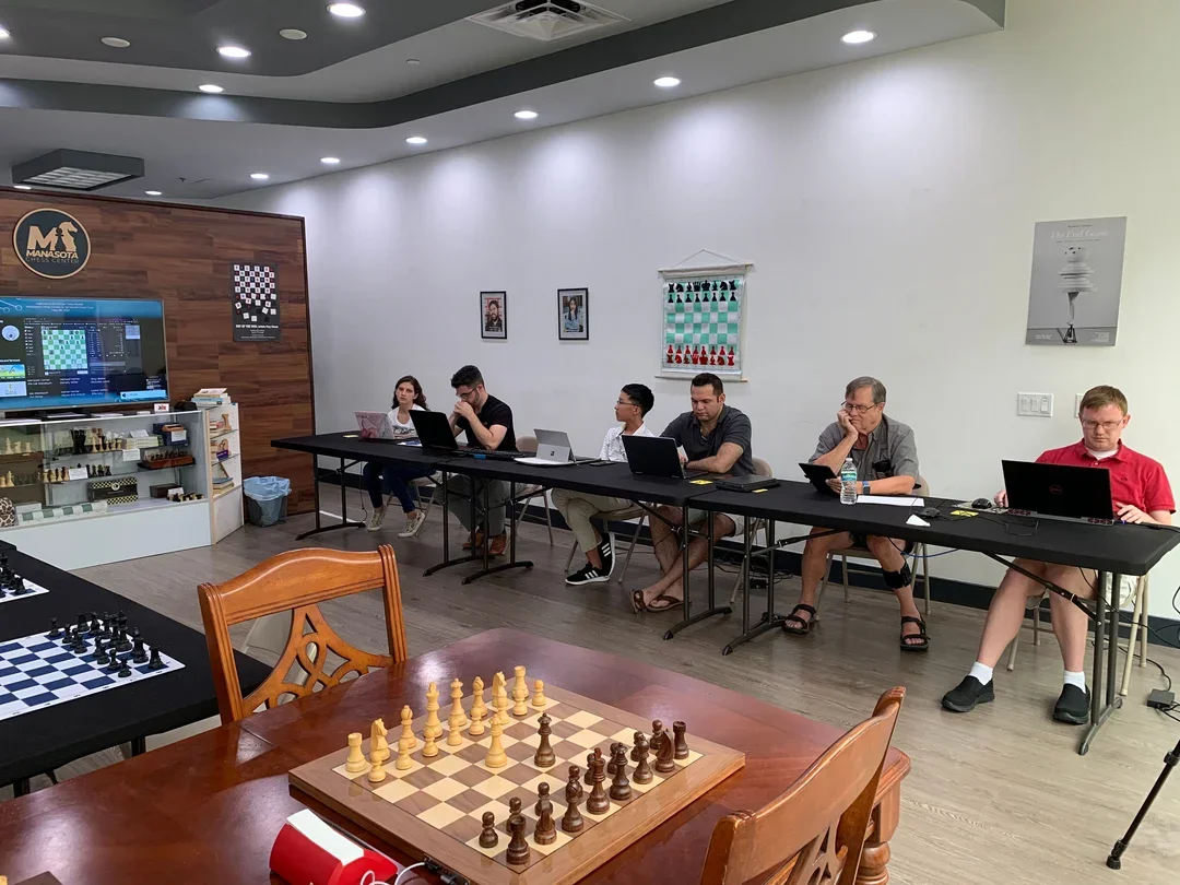 Manasota Chess Club players get focused to face Tel Mond, Israel.