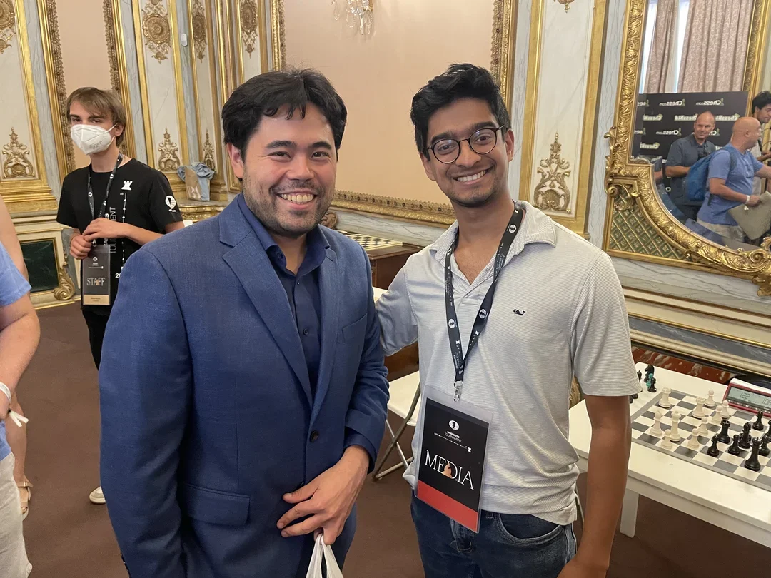 Hikaru Nakamura and the author at the 2022 Candidates Tournament.