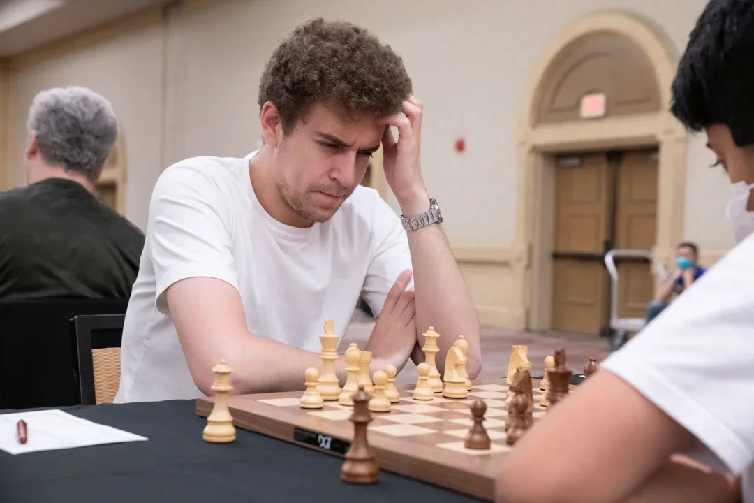 GM Daniel Naroditsky calculating at the 2022 U.S. Open. Photo: Mark Cieslikowski
