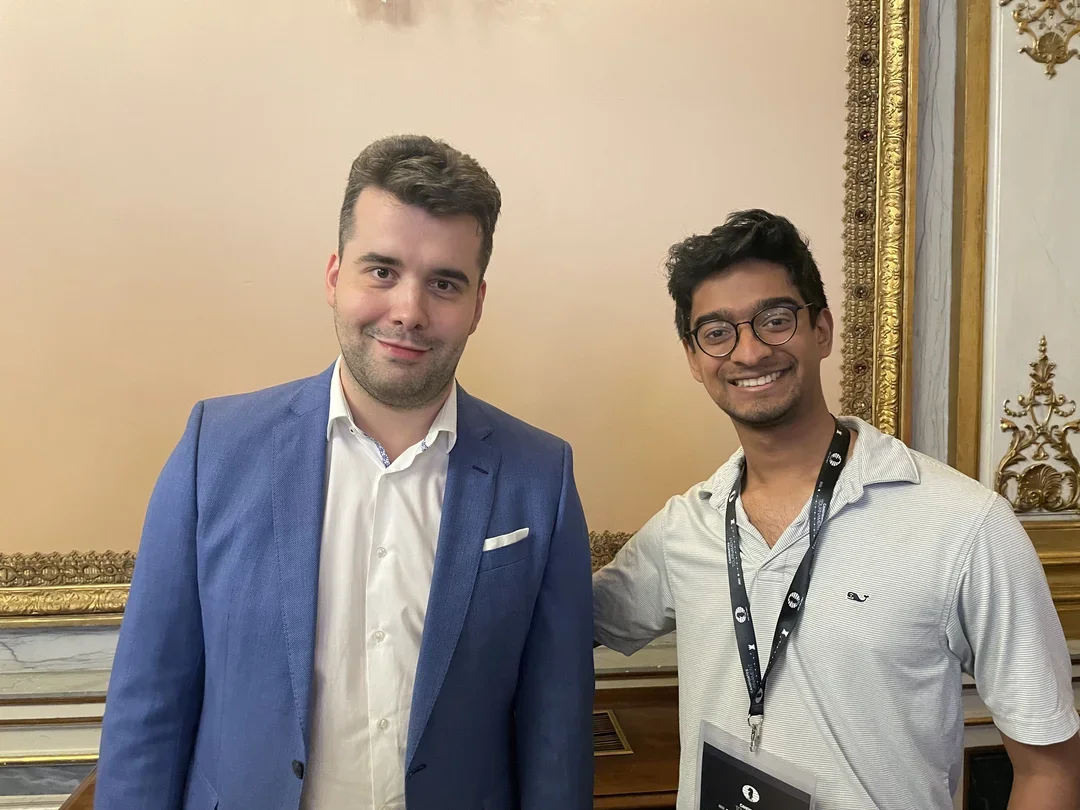 The author with GM Ian Nepomniachtchi at the 2022 Candidates Tournament.