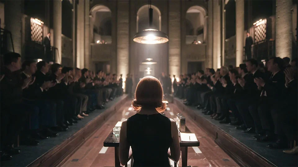 Beth Harmon, seen from behind, preparing for a big game