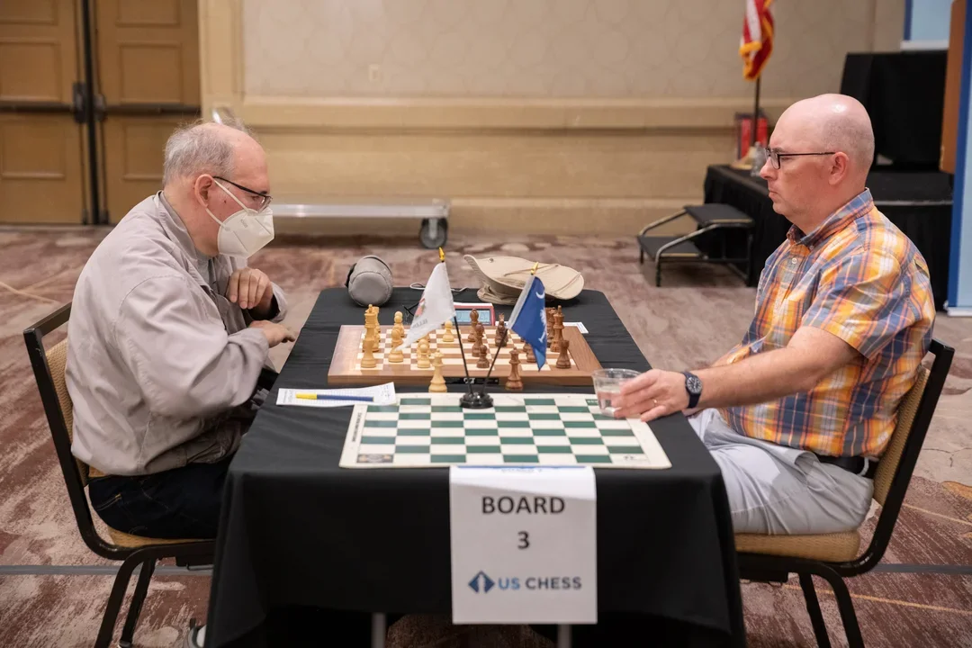 Steven Szpisjak (left) and IM Alexander Matros square off at the 2022 U.S. Open. Photo: Mark Cieslikowski