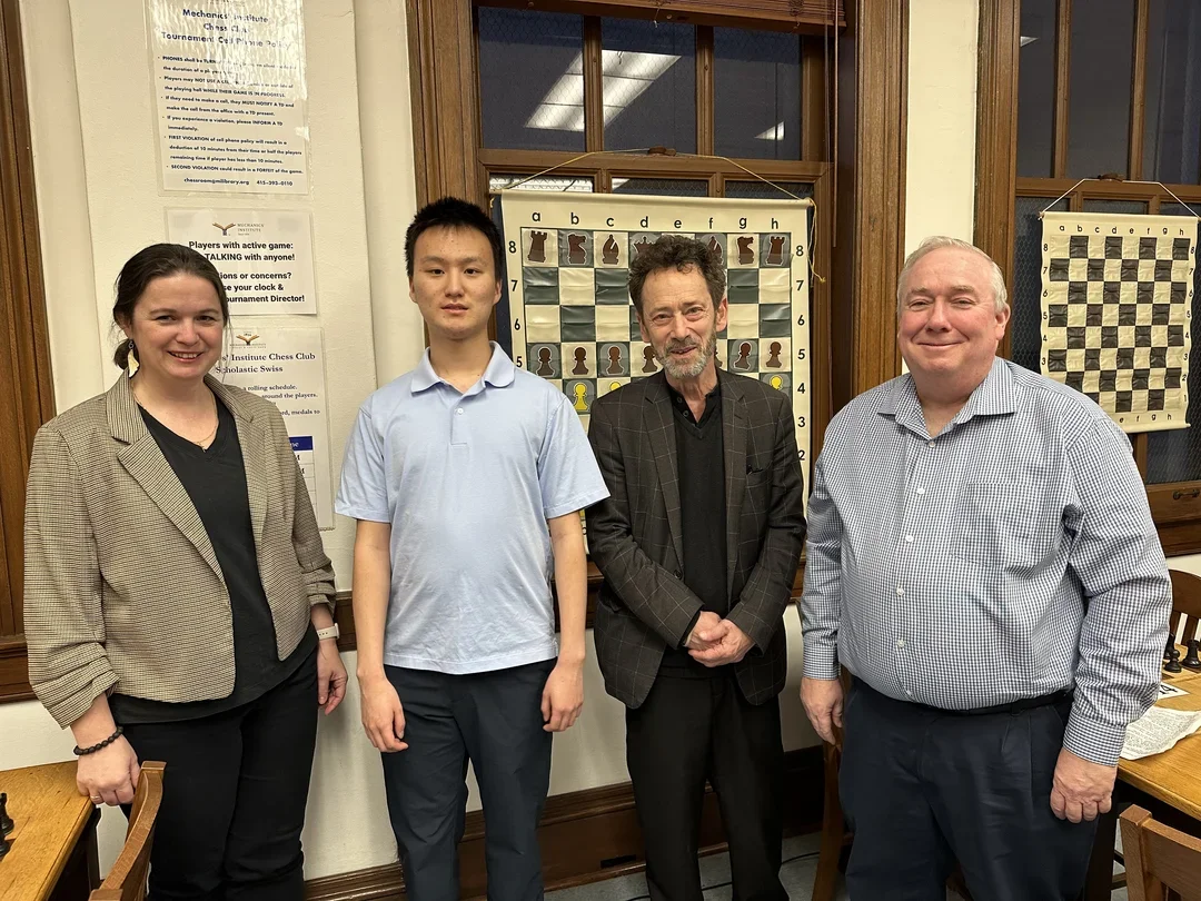 Left-to-right: IA, NTD Judit Szataray, GM Christopher Woojin Yoo, FM Paul Whitehead, and FA, SrTD Scott Mason (courtesy Alyssa Stone/Mechanics' Institute)