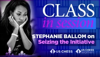 Stephanie Ballom, photo by David Llada, looking at chess board 