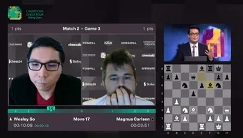 GMs Wesley So and Magnus Carlsen in the Skilling Open Finals