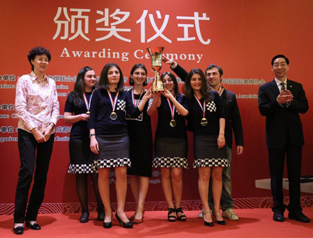 The event winners, team Georgia, were put on the spot by being asked to sing their national anthem while on-stage. Credit: Liu Yupeng