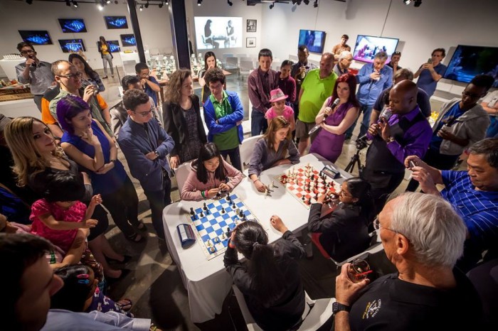 The U.S. Women's Championship competitors playing blitz, bughouse, bullet and blindfold on sets created by the artists of the Ladies' Knight exhibition. Photo courtesy of Eric Rosen. 