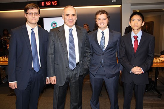 Sam Sevian, Garry Kasparov, Kayden Troff and Jeffery Xiong at the KCF Gala last year