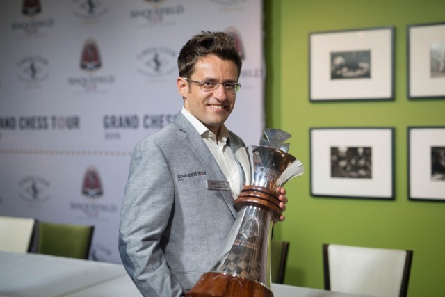 Levon Aronian after his 2015 Sinquefield Cup victory. Photo: St. Louis Chess Club