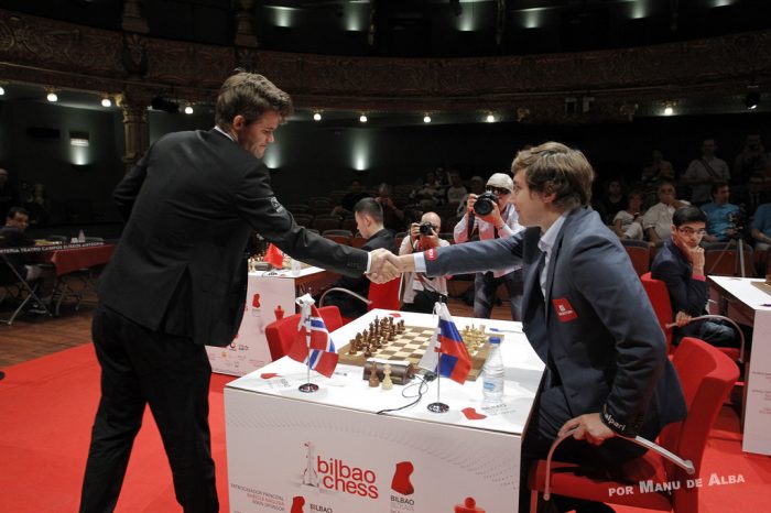 Magnus Carlsen and Sergey Karjakin at their most recent game, this year's Bilbao Masters. Photo Bilbao Masters 