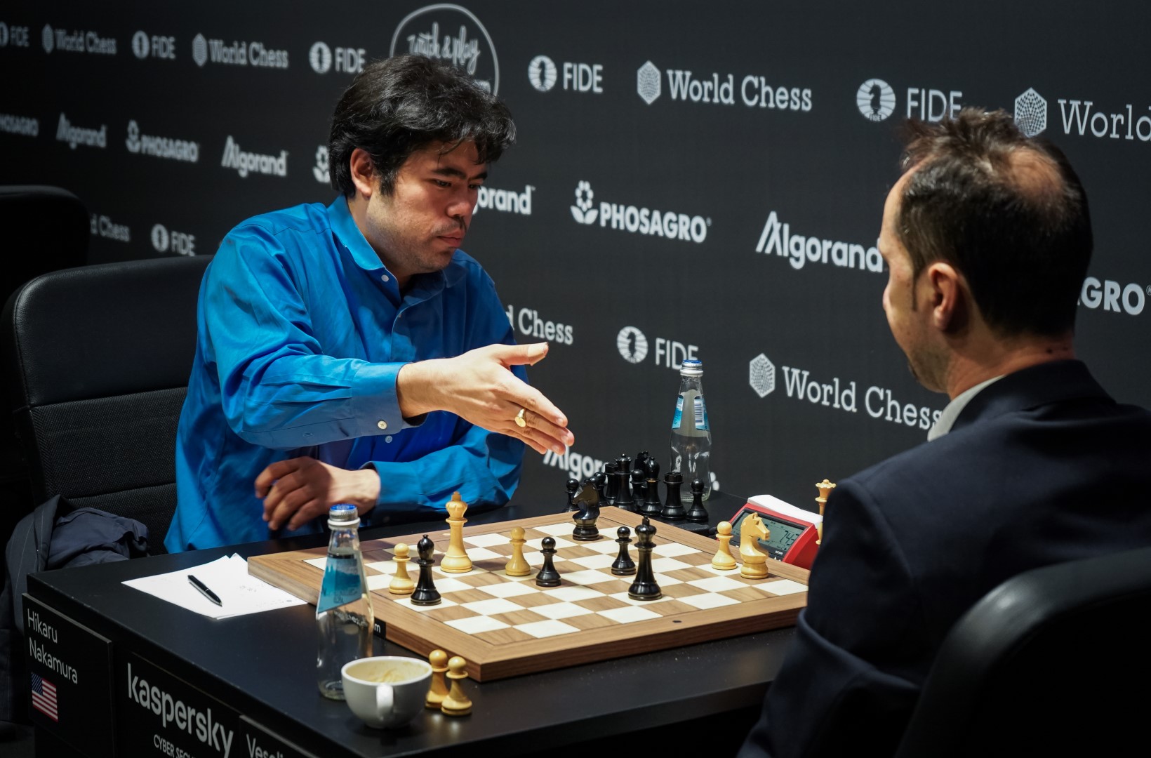 Hikaru Nakamura and Shakhriyar Mamedyarov after Game 2 of the FIDE